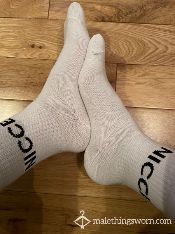 NICCE Thin White Sk*te Sports Crew Socks With Black Logo Stripe S**y Chav - Ready To Be Customised For You