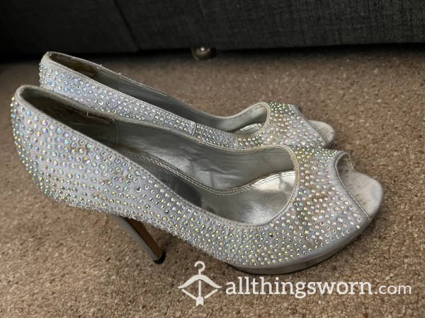 Open Toe, Silver Sparkly High Heels Worn