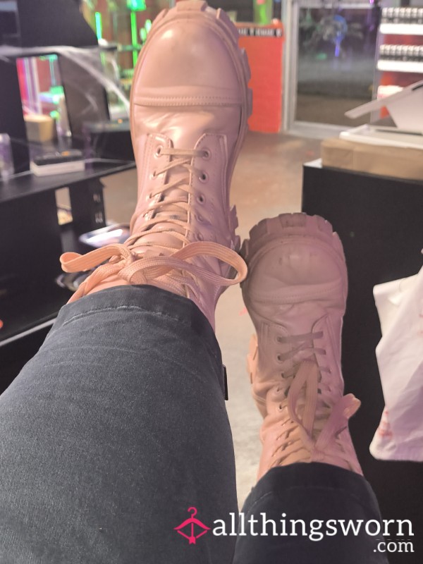 Pink Faux Leather Combat Boots