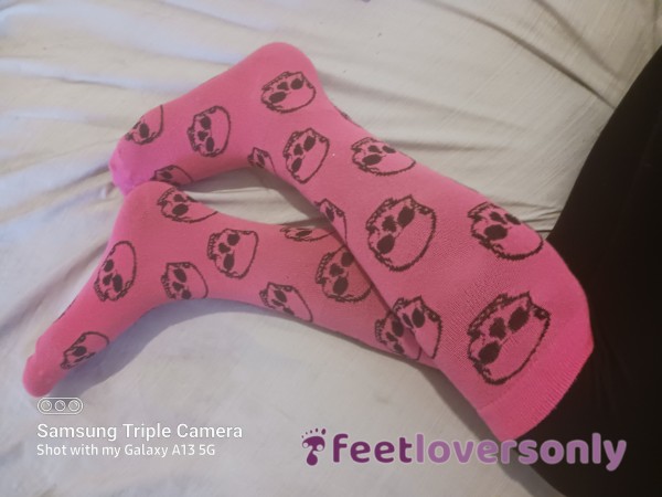 Pink Skull Knee High Socks Well Worn