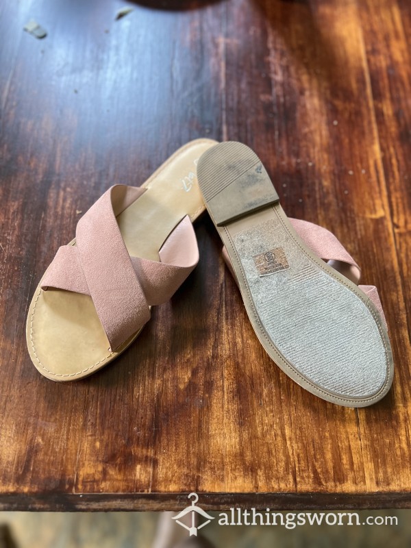 Pink Suede Strapped Slides