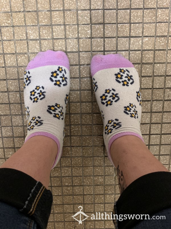 Purple And White Work Socks With Flowers