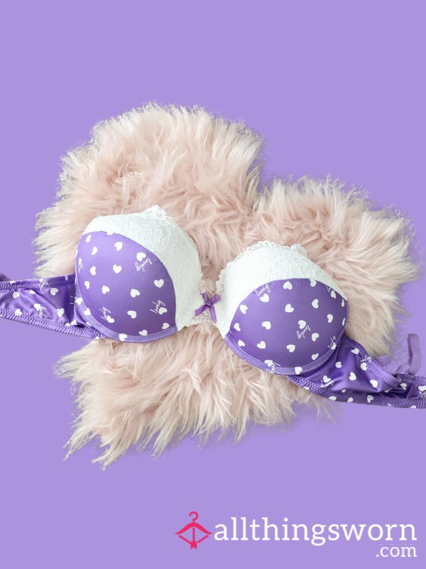 Purple Bra With Heart Pattern And Lace Details