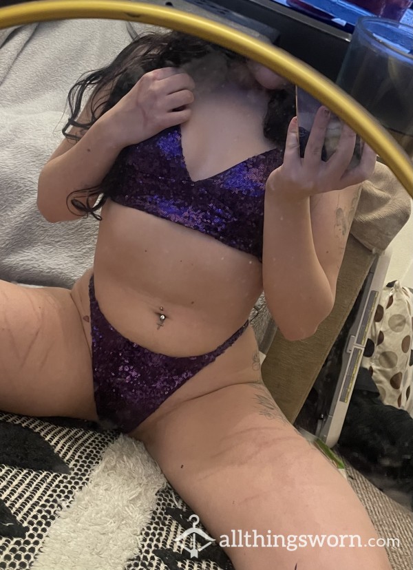 Purple Glitter Matching Used Bra And Thong Set