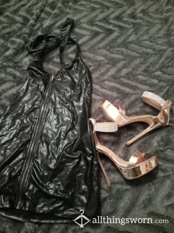 Pvc Black Sl*t Dress And Gold High Heel Stiletto Shoes Feet