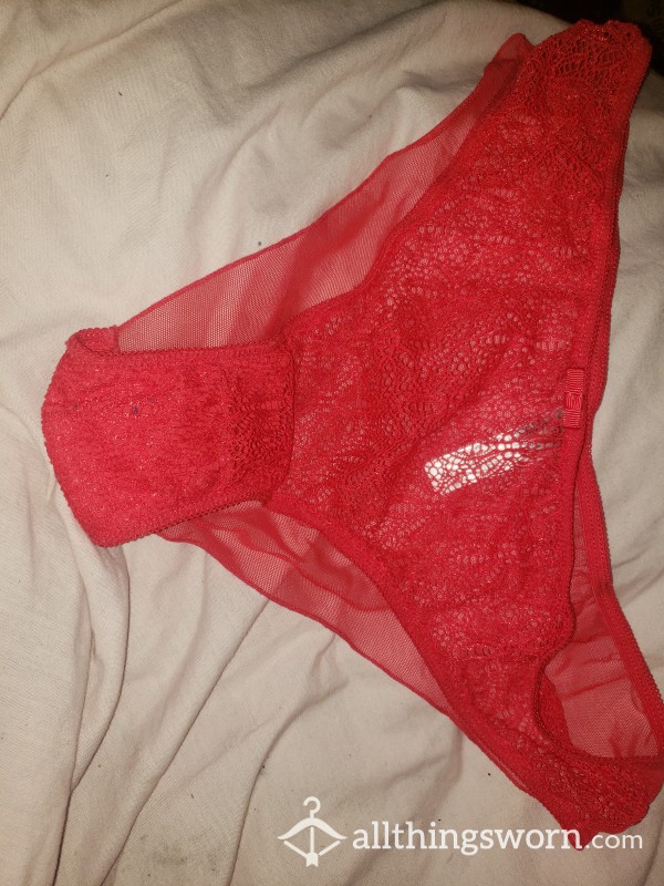 Red Lacey Full B*m Briefs Well Worn, Years Old, Hyperhydrosis, Sweaty