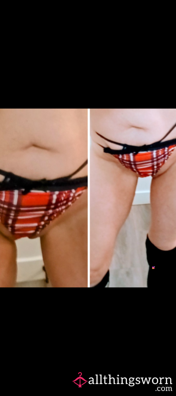 Red Plaid Thong With Black Lace At The Top And A Black Bow In The Middle💦