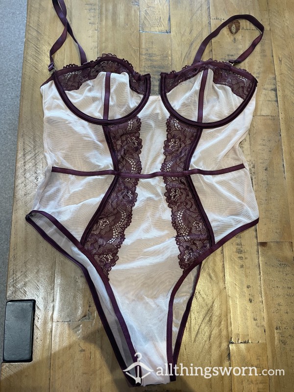 S**y Burgundy & Nude Mesh Lingerie Bodysuit