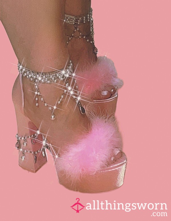 S**y Pink Satin Rhinestone And Pearl Heels