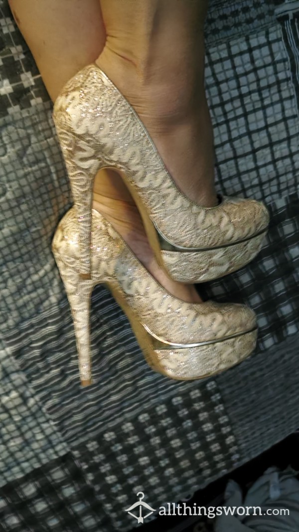 So S**y Worn Open Toes Size 6uk Cream And Gold Textured High Heels £45 💯🔥🔥🔥