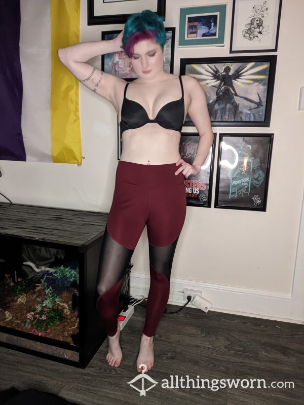 Small Burgundy Leggings With Mesh Cutouts