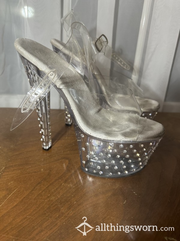 Stripper Heels! Clear Rhinestone WMajor Toe Print And Sweat