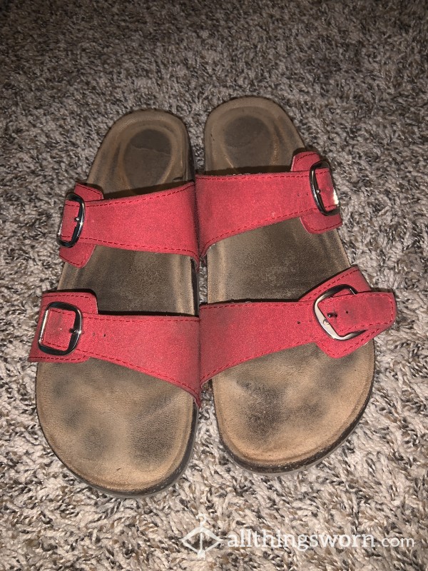 Super S**y Red Well Worn Flat Women’s Sandal With Straps And Buckles!