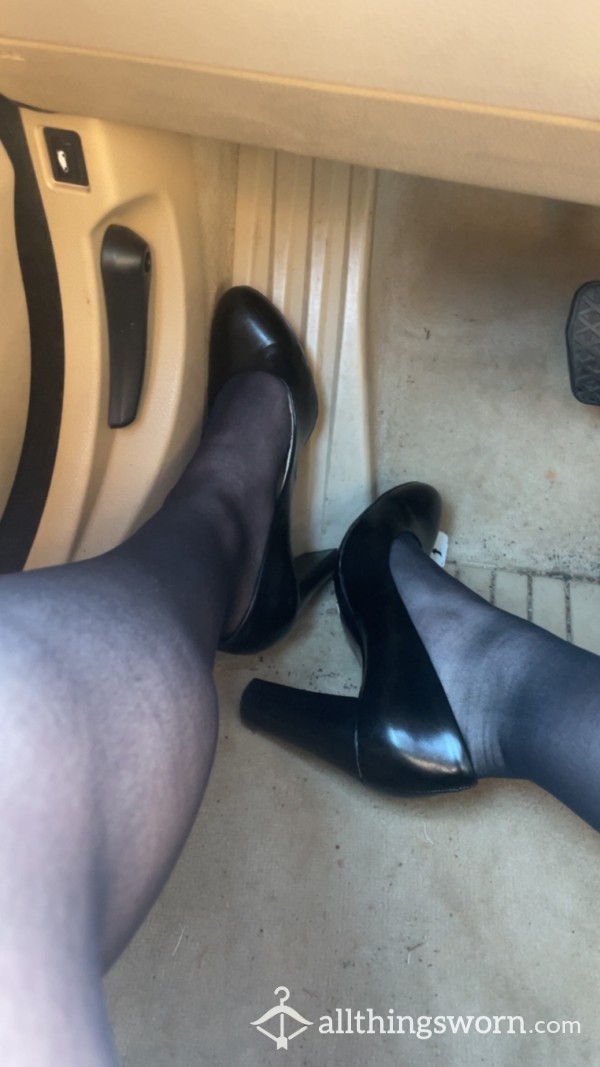 Taking Off My Work Heels At The End Of A Long Day, Sheer Tights, Stockings, Calvin Klein Black Leather Block Heel Closed Pointed Toe Size 7, I Show Off My Red Cla**ic Red Toe Nails Through Sh