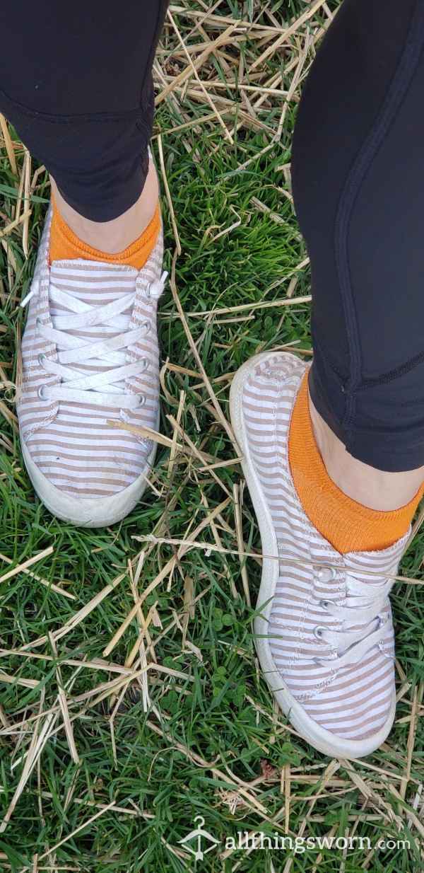 Tan And White Striped Slip On Shoes Size 7 Includes 7 Days Wear Worn Without Socks Unless You Request Socks