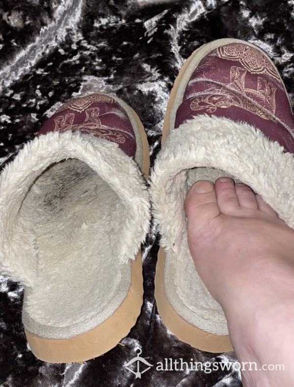 Tantalizing Smelling Fuzzy Backless Slippers Worn 4 Years By Small, S**y Feet