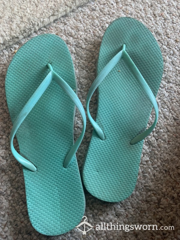 *PRICE REDUCED* Teal, Very Dirty, Very Worn, Foot Imprinted, Foam Flip Flops.