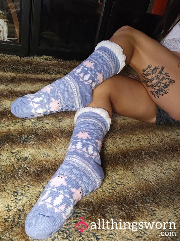 ❄️ Thick Fluffy Socks Tall Cute Christmas Snow Flake Angel Pink White & Blue Soft Socks Tan Asian Japanese Feet Fitness Model