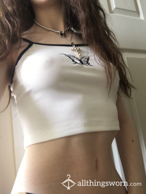 Thin White Ribbed Cami Crop Top With Cute Bu*terfly Embroidery Size Xs Worn Since This Morning🦋