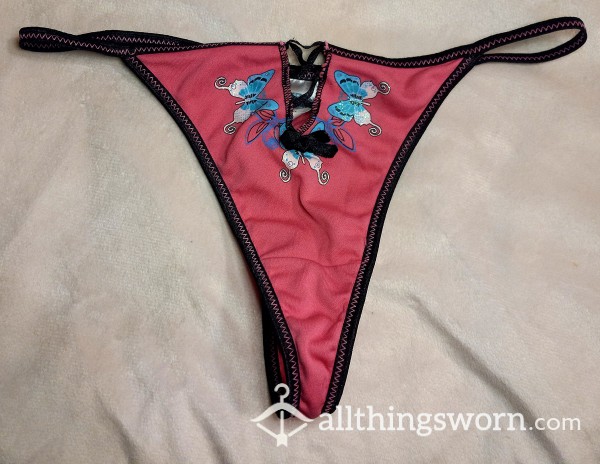 Thong With Lace-up Front And Bu*terflies