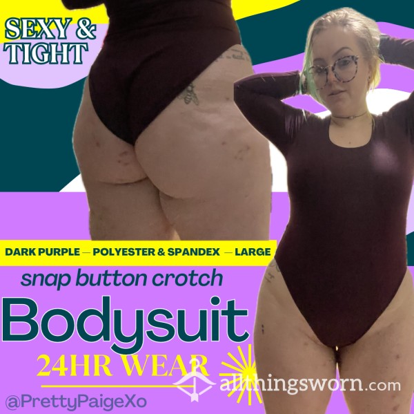 Dark Purple Bodysuit— Snap Crotch, Large 💜 Soft Polyester & Spandex.  Long Sleeve & Full Back Bottoms 💜 24hr Wear— Panties Optional