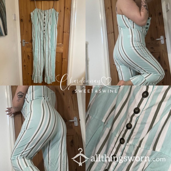 🍷UK 14|🩵Worn Striped Strappy Jumpsuit With Bu*tons & Ankle Ruffles💚🌞