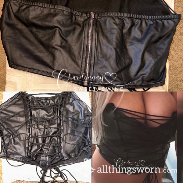 🍷UK 16|🖤Worn S**y Black PU Corset Tie Up Top🖤