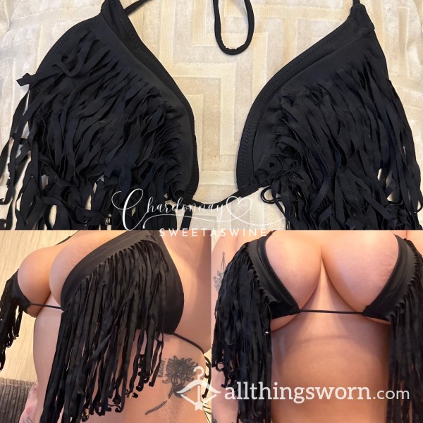 🍷UK M|💦Worn Black Ta**le Bikini Top👙🖤