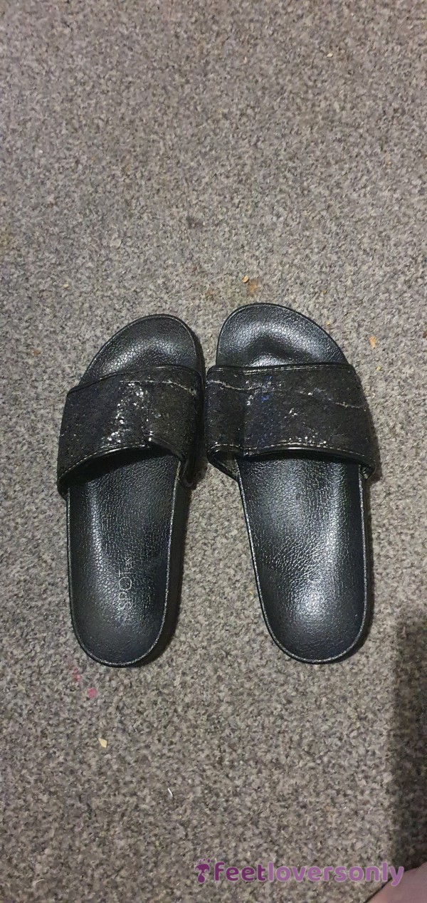 Used, Black Glittery Sliders. Very Worn