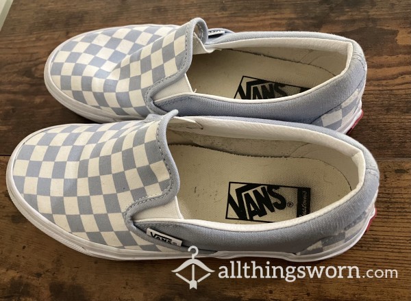 Vans Slip Ons - Includes US Shipping & 1 Week Custom Wear - Baby Blue Checkered Pattern