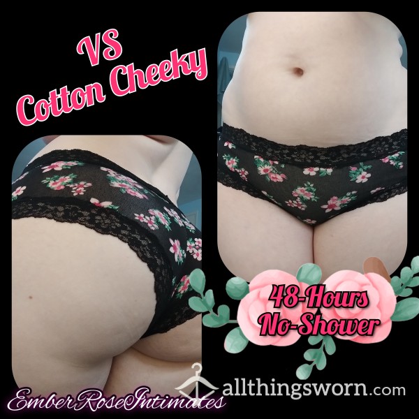 VS Black Flor*l Cotton Cheeky W/ Lace Waist