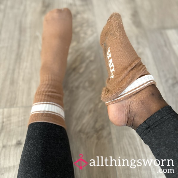 Worn Victoria’s Secret PINK Crew Socks ( Tan / White )