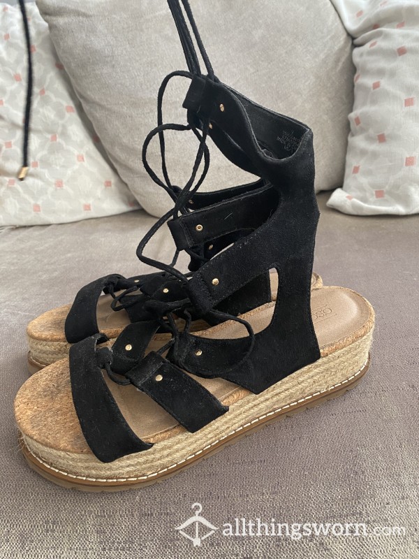 Well Worn Black Suede And Cork Flatform Sandals Size 7uk