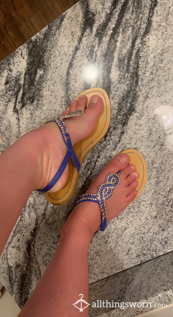 Well Worn Blue Bead Sandals!