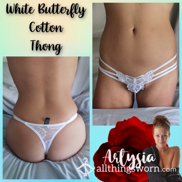 White Bu*terfly Cotton Thong