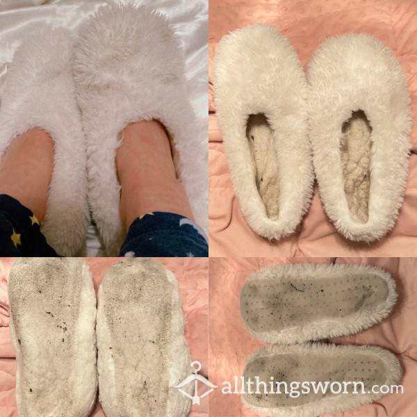 White Fuzzy Sock Slippers ( Very Dirty )