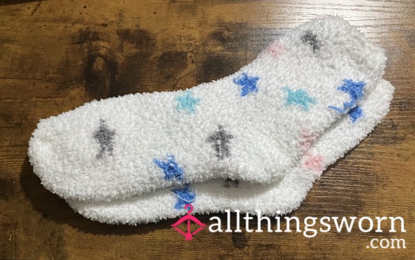 White Fuzzy Socks W/ Blue, Pink, & Gray Stars - Includes US Shipping -