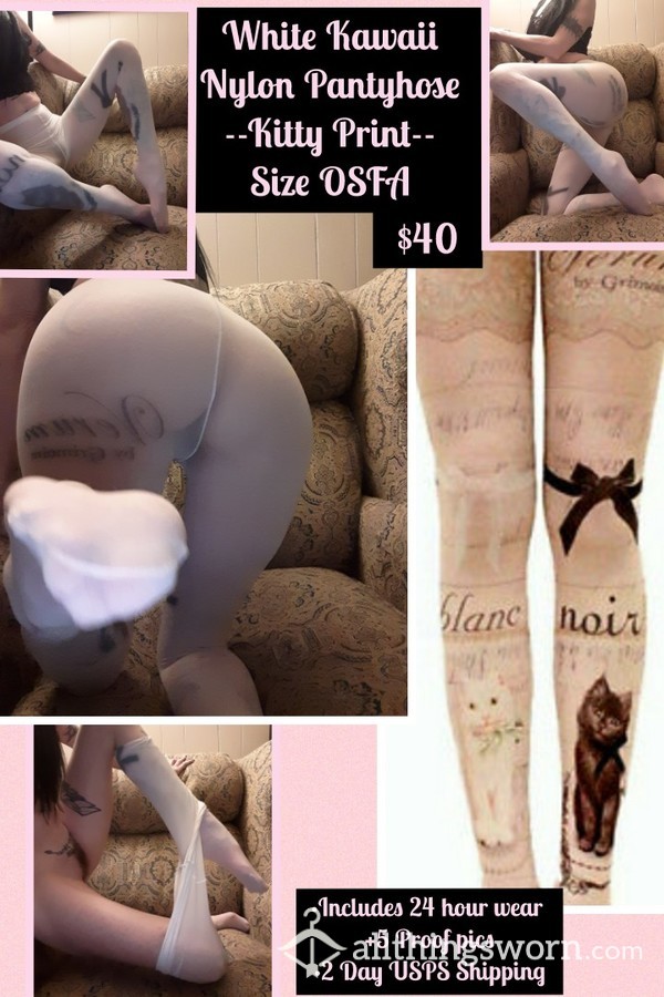 White Kawaii Nylon Pantyhose - Kitty Cat Vintage Print