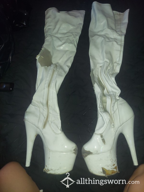 White Latex Thigh High Heels