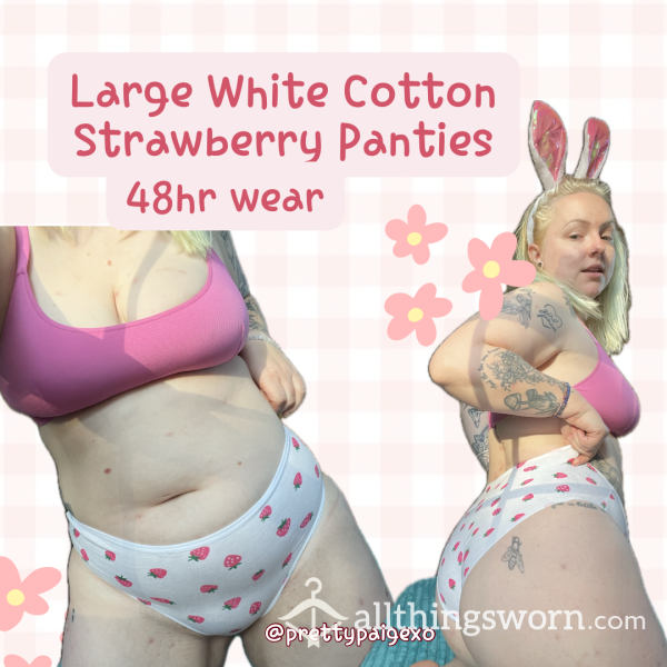 White Strawberry Panties 🍓 Cotton, Size Large— 48hr Wear 💋