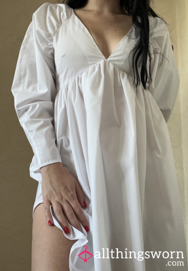 White V-Neck Linen Style Floaty Sissy Princess Dress 🤍