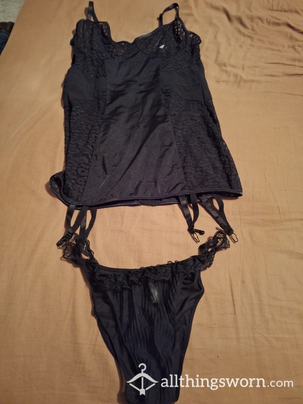 Worn Black Basque And Knickers Size Large