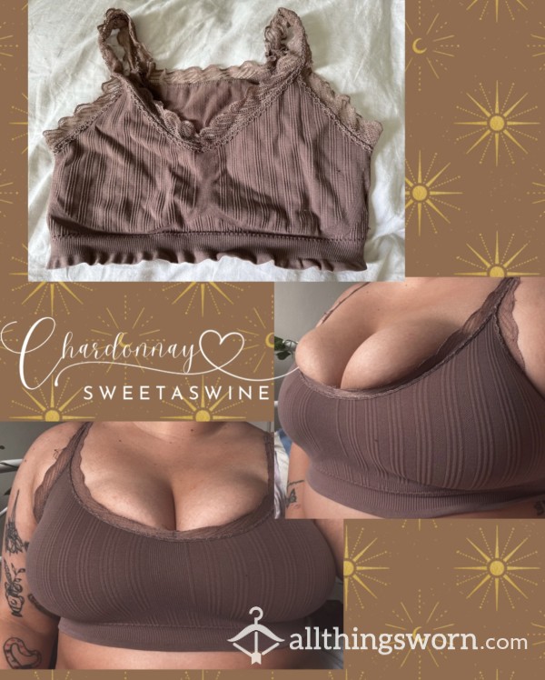 🍷🤎Old Worn Sweaty Lace Brown Spandex Bra🍉🍉