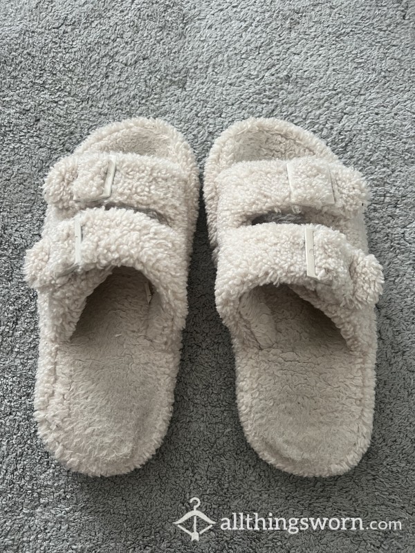 Worn Open Toe Teddy Bear Slippers