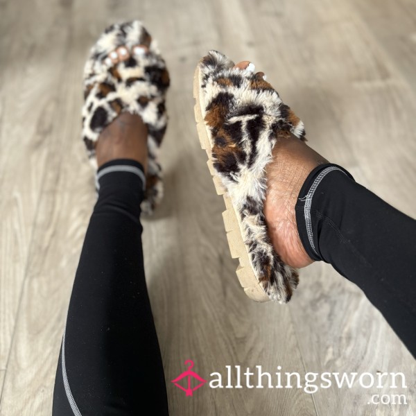 Fur Open-Toed Animal Print Slippers