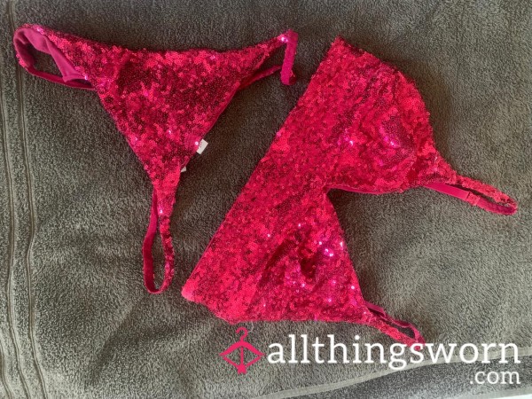 Worn Pink Matching Sequin Bra And Thong  36C