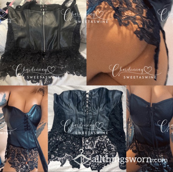 🍷UK 18|🖤s**y Black Leather & Lace Gothic Corset 🖤