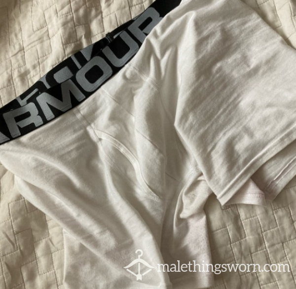 Worn Sweaty White Under Armor Gym Boxer Briefs