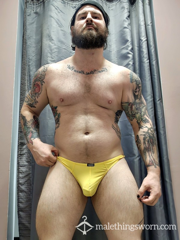 Yellow Thong Heavily Worn By Sweaty Powerlifter