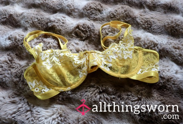 Yellow & White Lace Flor*l Trim Underwire Bra Size S